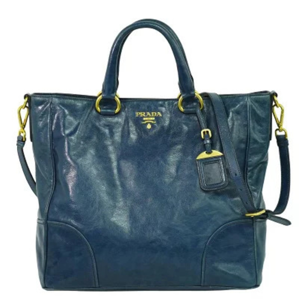 Prada Vitello Shine Leather 2Way Tote Bag Blue